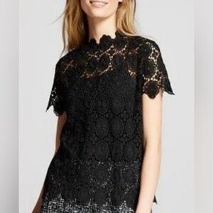 WhoWhatWear Black Crocheted Lace Front, Sheer Back Top/ Blouse